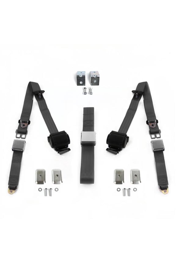 Nash Rambler 1950-1954 Airplane 3 Point Charcoal Retractable Bench Seat Belt Kit with Bracketry - 3 Belts
