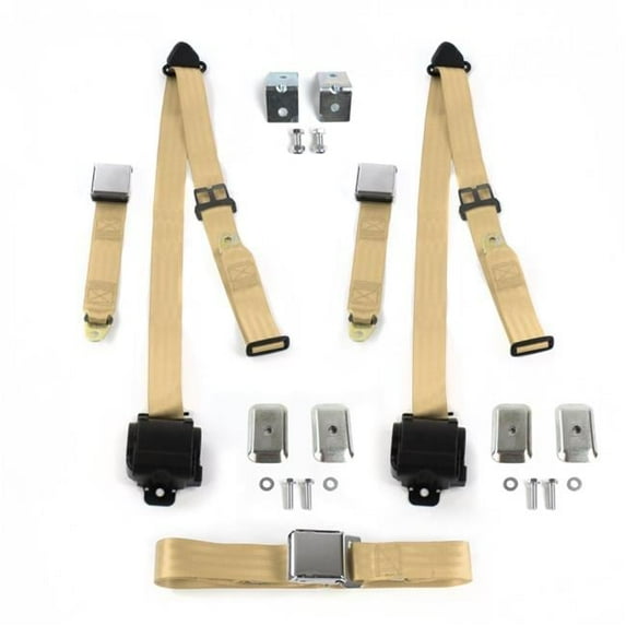 SafeTboy VW Type 1 Split 1947-1952 Airplane 3 Point Tan Retractable Bench Seat Belt Kit with Bracketry - 3 Belts
