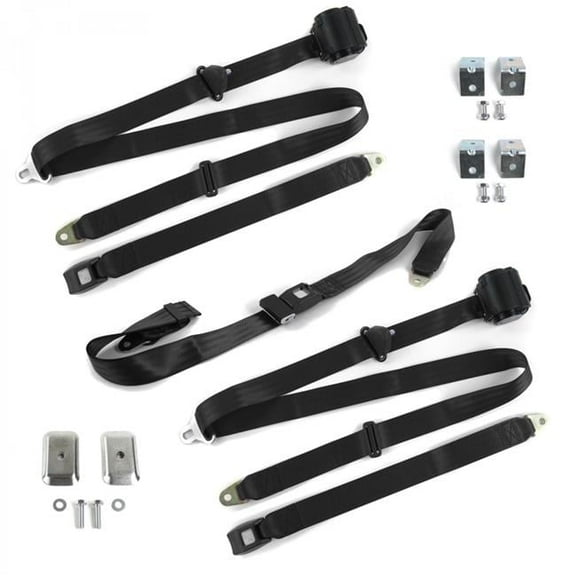 SafeTboy VW Type 3 Squareback Standard 3 Point Black Retractable Bench Seat Belt Kit with Bracketry - 3 Belts