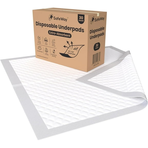 SAFEWAY USA Bed Underpads for Adults Absorbent Disposable Pad for Mattress, For Incontinence & Bedwetting for Hospital & Home Use Preferred by Caregivers, Holds Up to 400 lbs (36"x36", 30 Count)