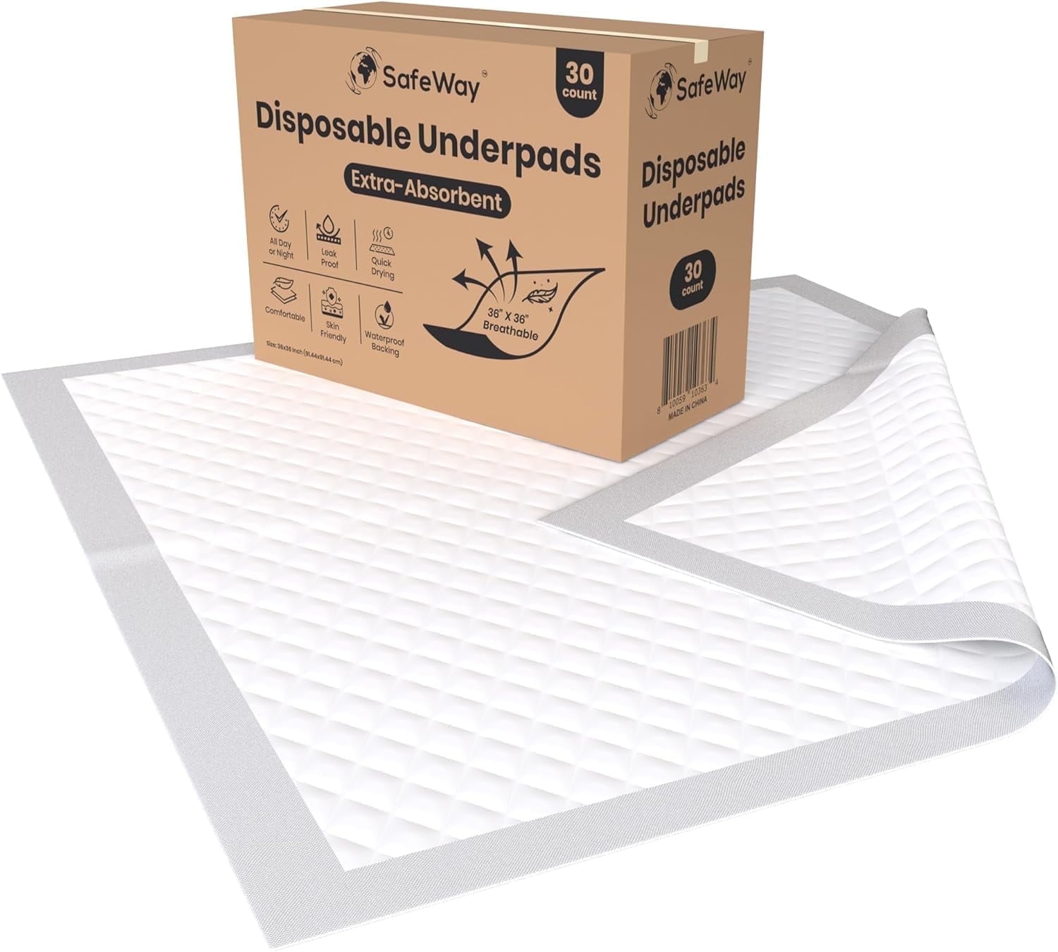 SAFEWAY USA Bed Underpads for Adults — Absorbent Disposable Pad for Mattress, For Incontinence & Bedwetting for Hospital & Home Use Preferred by Caregivers, Holds Up to 400 lbs — (36"x36", 90 Count)