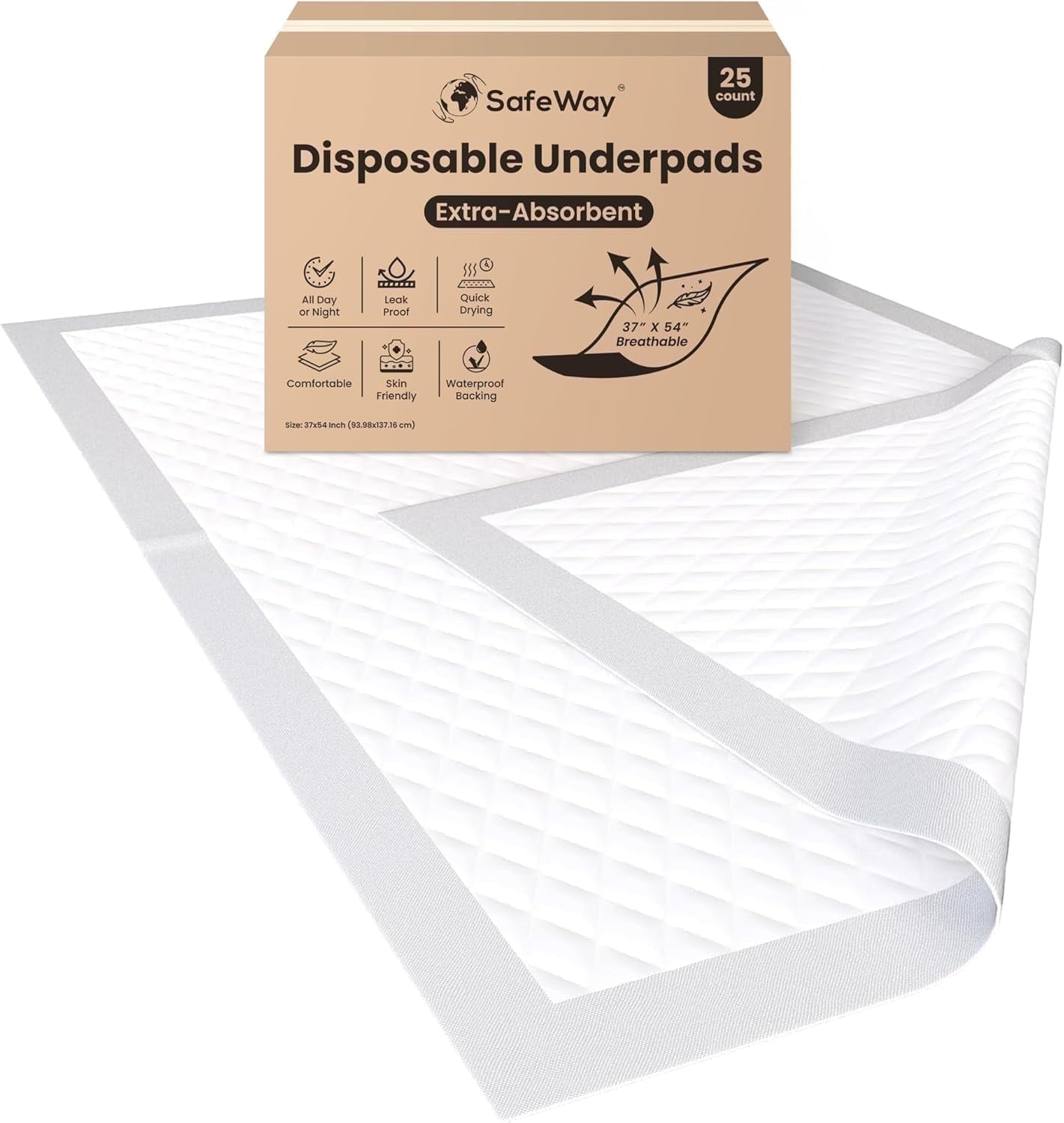 SAFEWAY USA Bed Underpads for Adults — Absorbent Disposable Pad for Mattress, For Incontinence & Bedwetting for Hospital & Home Use Preferred by Caregivers, Holds Up to 400 lbs — (37"x54", 25 Count)