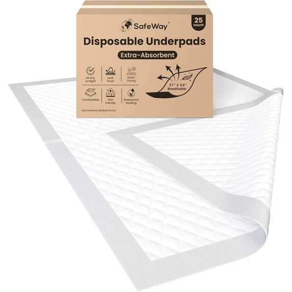 SAFEWAY USA Bed Underpads for Adults — Absorbent Disposable Pad for Mattress, For Incontinence & Bedwetting for Hospital & Home Use Preferred by Caregivers, Holds Up to 400 lbs — (37"x54", 25 Count)