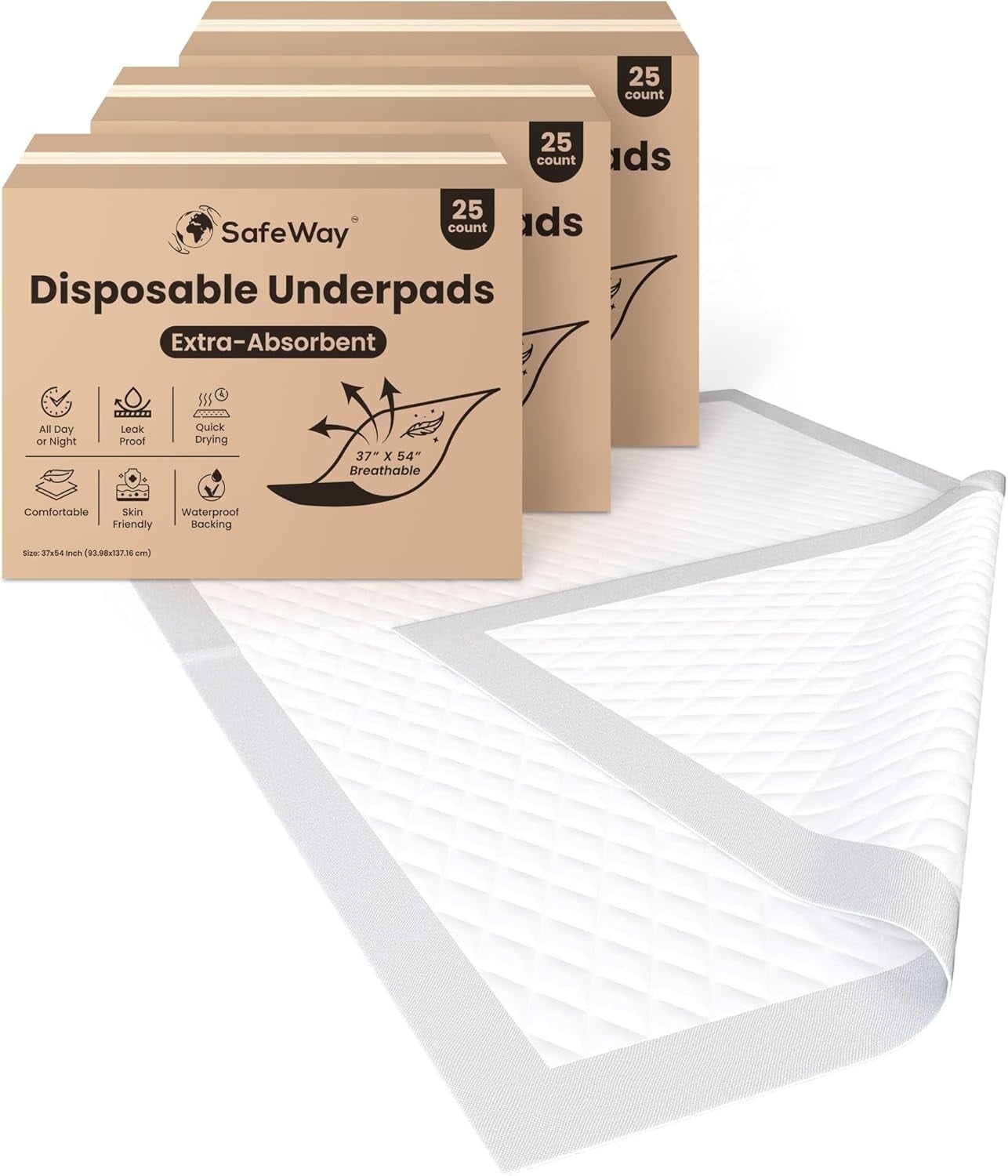 SAFEWAY USA Bed Underpads for Adults — Absorbent Disposable Pad for Mattress, For Incontinence & Bedwetting for Hospital & Home Use Preferred by Caregivers, Holds Up to 400 lbs — (37"x54", 75 Count)