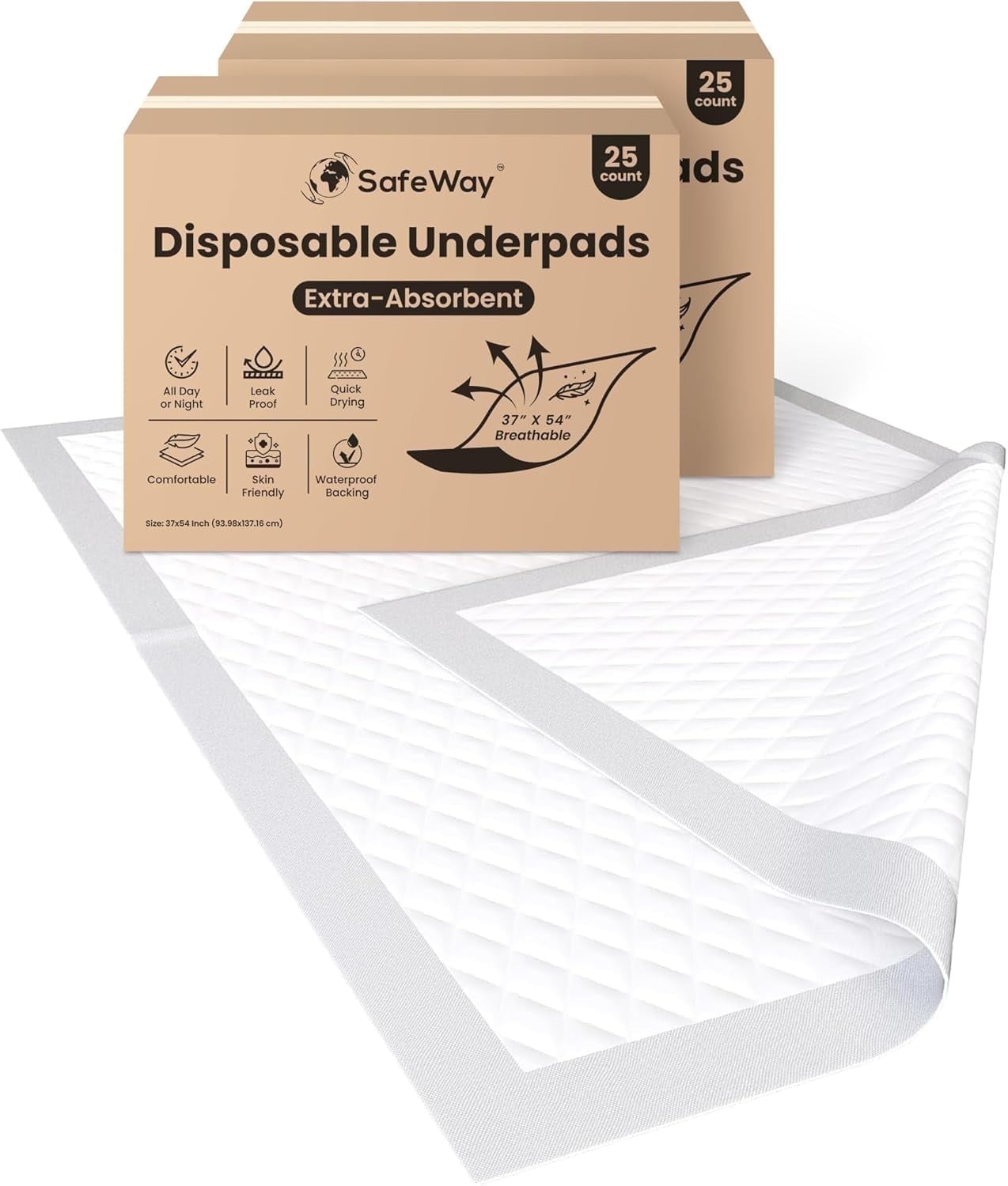 SAFEWAY USA Bed Underpads for Adults — Absorbent Disposable Pad for Mattress, For Incontinence & Bedwetting for Hospital & Home Use Preferred by Caregivers, Holds Up to 400 lbs — (37"x54", 50 Count)
