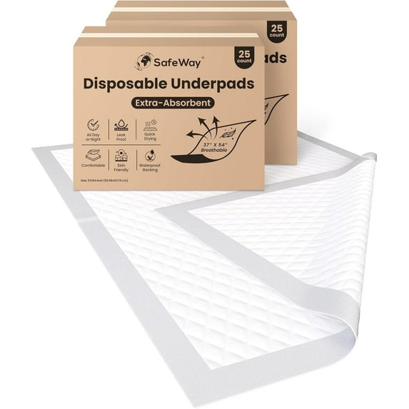 SAFEWAY USA Bed Underpads for Adults — Absorbent Disposable Pad for Mattress, For Incontinence & Bedwetting for Hospital & Home Use Preferred by Caregivers, Holds Up to 400 lbs — (37"x54", 50 Count)