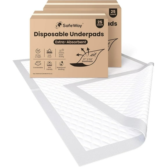 SAFEWAY USA Bed Underpads for Adults Absorbent Disposable Pad for Mattress, For Incontinence & Bedwetting for Hospital & Home Use Preferred by Caregivers, Holds Up to 400 lbs (37"x54", 50 Count)