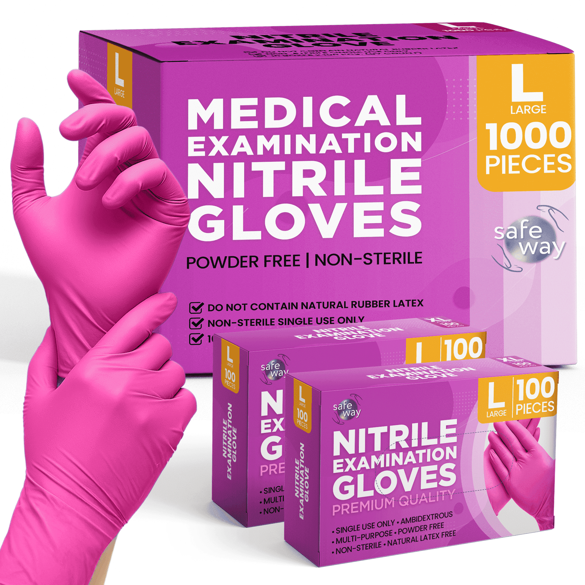 SAFEWAY USA Disposable Nitrile Gloves, Multi-Purpose Ambidextrous Design with Textured Fingertips for Salon, Esthetician, Nail Tech, Tattooing, House Chores, Food Prep and More. — (1000 pcs, Large)
