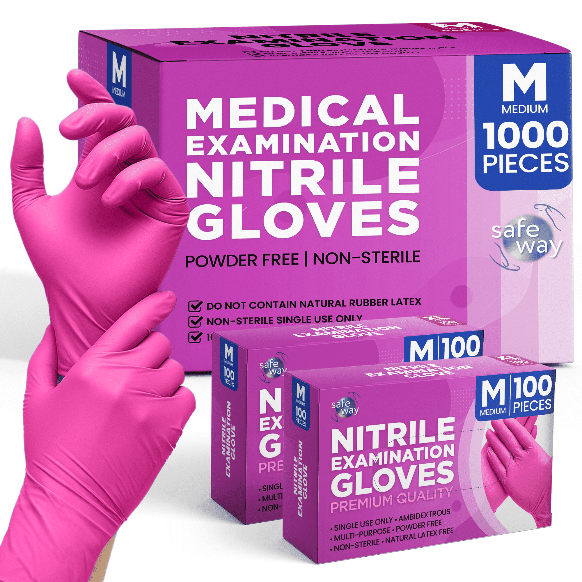 SAFEWAY USA Disposable Nitrile Gloves, Multi-Purpose Ambidextrous Design with Textured Fingertips for Salon, Esthetician, Nail Tech, Tattooing, House Chores, Food Prep and More. — (1000 pcs, Medium)