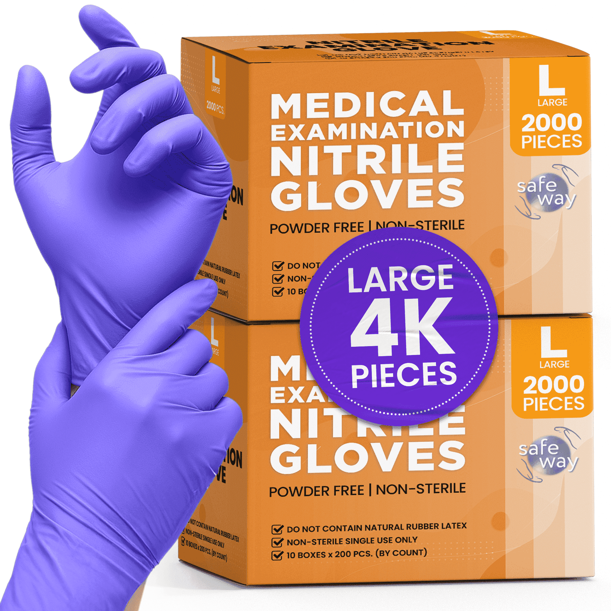 SAFEWAY USA Nitrile Gloves Disposable — Textured Fingertips, Non-Latex, Powder-Free and Multi-Purpose and Ambidextrous Design for House Cleaning, Food Prep, Esthetician and More —(4000 pcs, Large)