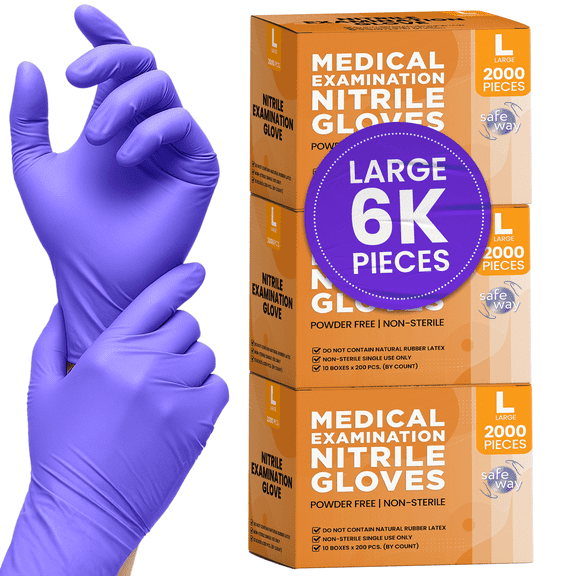 SAFEWAY USA Nitrile Gloves Disposable — Textured Fingertips, Non-Latex, Powder-Free and Multi-Purpose and Ambidextrous Design for House Cleaning, Food Prep, Esthetician and More —(6000 pcs, Large)