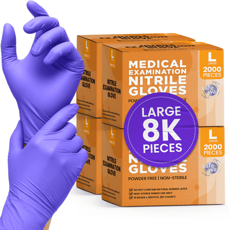 SAFEWAY USA Nitrile Gloves Disposable — Textured Fingertips, Non-Latex, Powder-Free and Multi-Purpose and Ambidextrous Design for House Cleaning, Food Prep, Esthetician and More —(8000 pcs, Large)