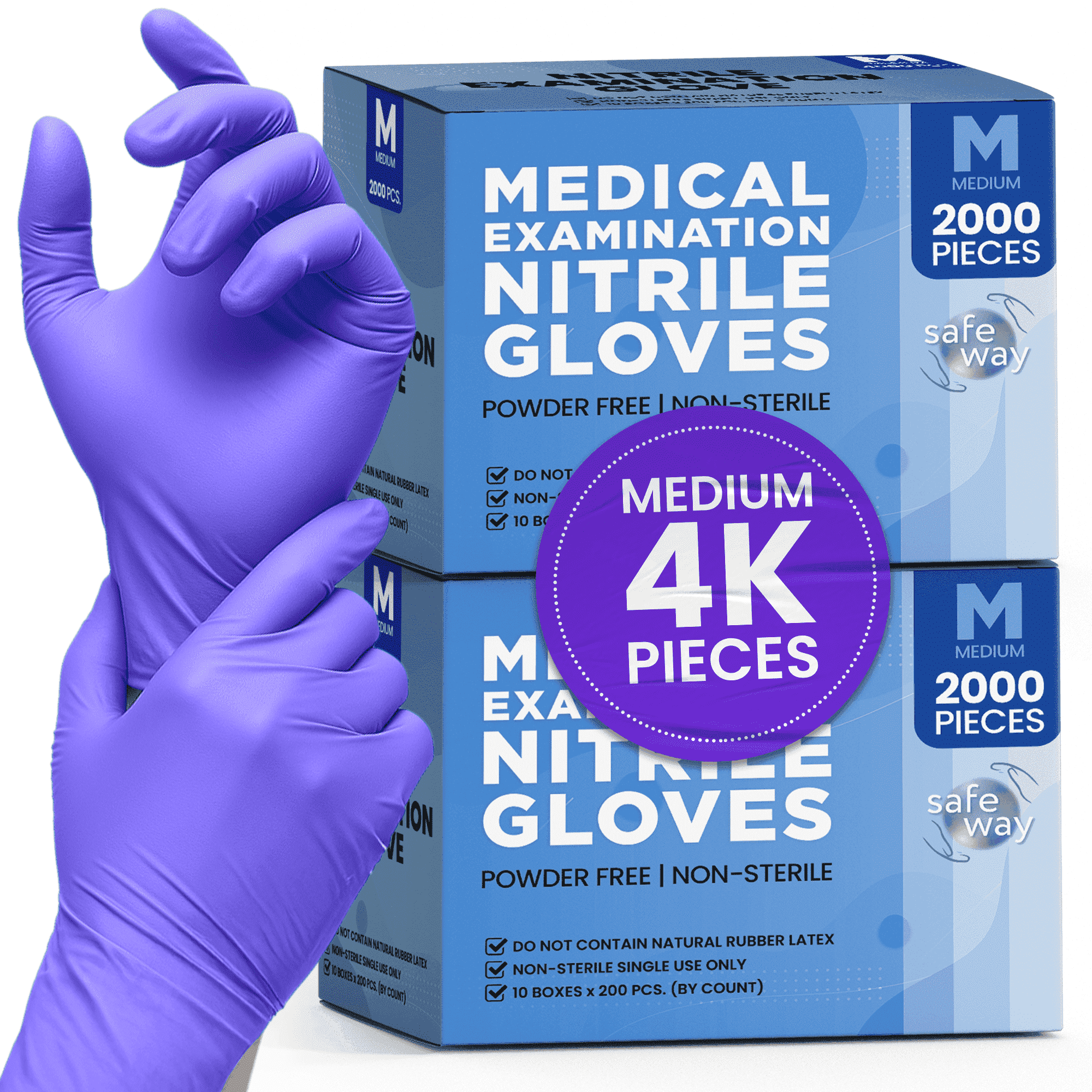 SAFEWAY USA Nitrile Gloves Disposable — Textured Fingertips, Non-Latex, Powder-Free and Multi-Purpose and Ambidextrous Design for House Cleaning, Food Prep, Esthetician and More —(4000 pcs, Medium)
