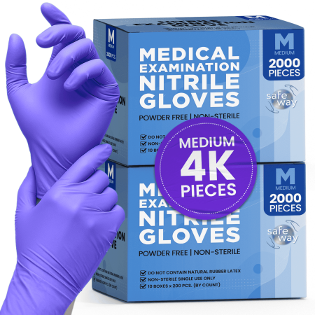 SAFEWAY USA Nitrile Gloves Disposable — Textured Fingertips, Non-Latex, Powder-Free and Multi-Purpose and Ambidextrous Design for House Cleaning, Food Prep, Esthetician and More —(4000 pcs, Medium)
