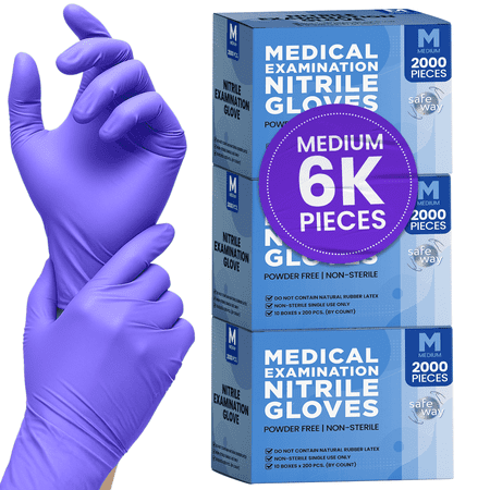 SAFEWAY USA Nitrile Gloves Disposable — Textured Fingertips, Non-Latex, Powder-Free and Multi-Purpose and Ambidextrous Design for House Cleaning, Food Prep, Esthetician and More —(6000 pcs, Medium)