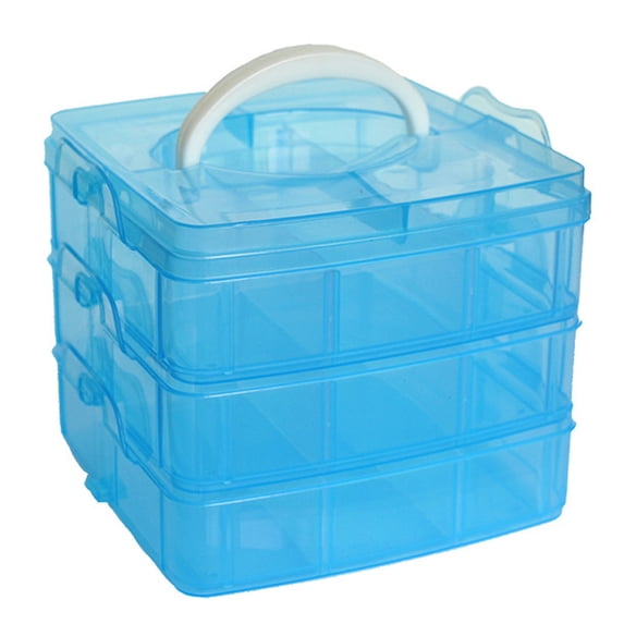 Safeglitz 3-Layer Detachable Storage Box 5.9x5.9x4.2 Inches - Clear Plastic Organizer for Craft Beads, Jewellery, PP Material with Carrying Handle for Desktop, Blue 1PC