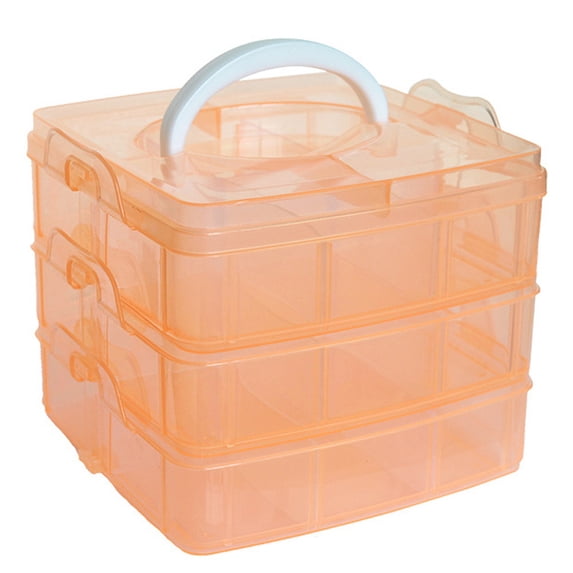 Safeglitz 3-Layer Detachable Storage Box 5.9x5.9x4.2 Inches - Clear Plastic Organizer for Craft Beads, Jewellery, PP Material with Carrying Handle for Desktop, Orange 1PC