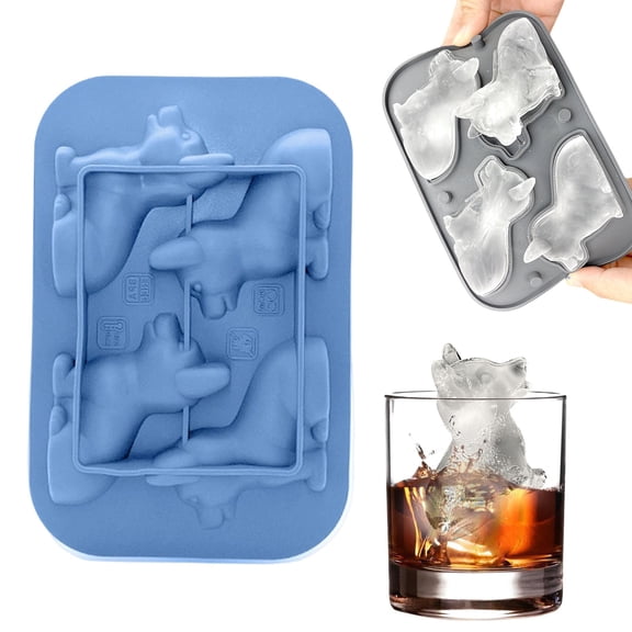 Safeglitz 3D Dog Tray Silicone - Fun Dogs Shape Ice Maker Dog Lover 3D Corgi Mold, 4 Cavity Large Ice Tray with Funnel, Slow-Melting Oversized Cubes, BPA-Free Blue