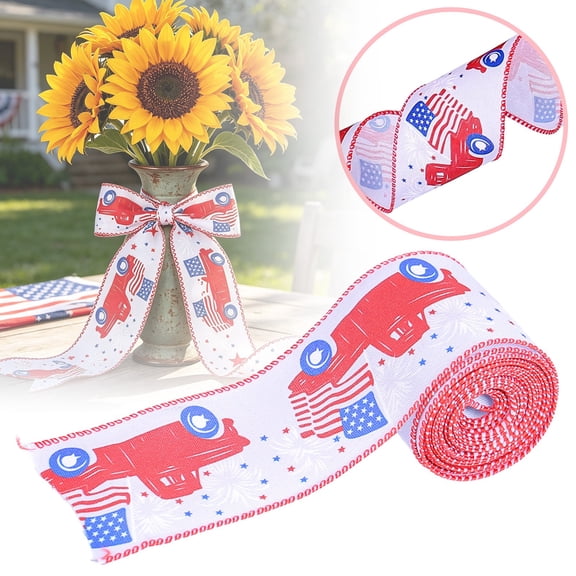 Safeglitz 4th of July Patriotic Burlap Ribbons Red White Blue Fabric Ribbon with USA Flag Stars Stripes Truck Print for Wreath Bows Wrapping Yards Memorial & Independence Day DIY Crafts Supplies