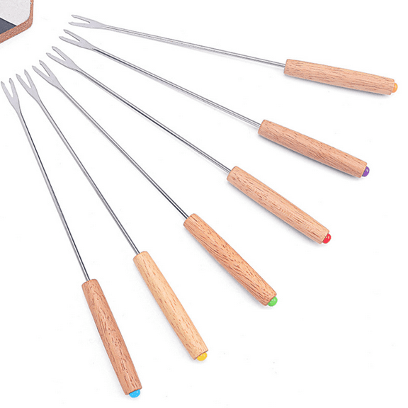 Safeglitz 6-Pack 9.5 Inch Stainless Steel Fondue Forks with Wooden Handles - Color-Coded Heat-Resistant Skewers for Cheese, Meat, Desserts