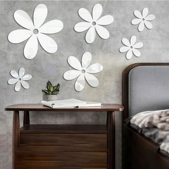 Safeglitz 6 Pieces 3D Acrylic Mirror Flower Wall Stickers - Removable Decals for Living Room Bedroom Decor, Light Reflecting DIY Sticky Murals for Smooth Surfaces, Modern Elegance