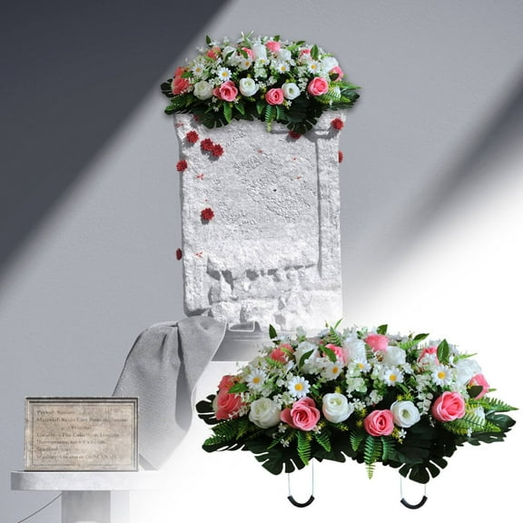Safeglitz Artificial Cemetery Flower Saddles – Large memorial flower saddles for outdoor cemetery decoration Simulation silk cloth plastic flower tombstone decoration color attribute pink
