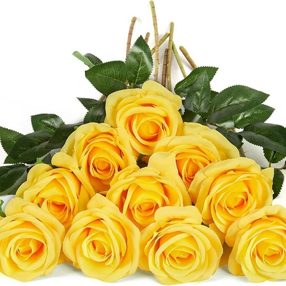 Safeglitz Champagne Silk Rose Bouquet – Realistic Long-Stem Faux Roses for Weddings & Birthdays Single Artificial Rose With Stem Yellow
