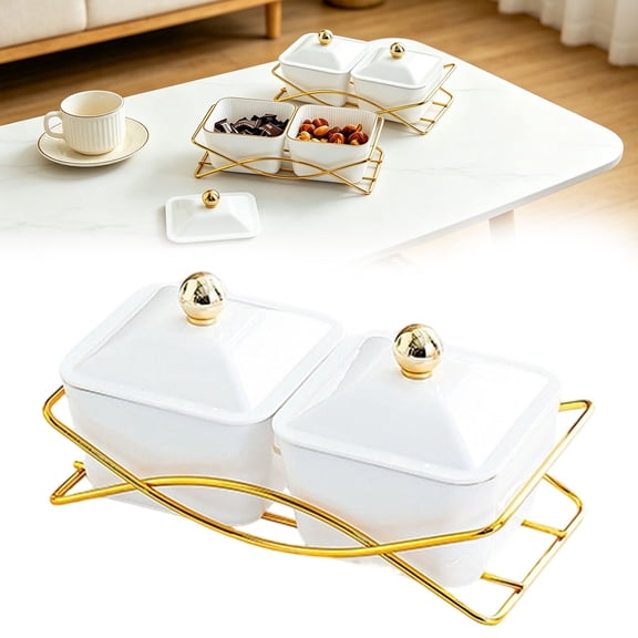 Safeglitz Divided Snack Tray with Stand - 2 Compartment Airtight Storage Containers with Lids for Candy Nuts, Decorative Gold Metal Holder for Dried Fruit Candy and Condiments