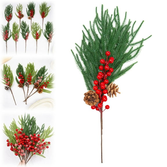 Safeglitz Faux Red Berry & Pinecone Picks – Branches/stems for vases & house decor, artificial berry spray Simulated pine needles single Norfolk pine B