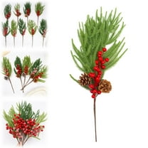 Safeglitz Faux Red Berry & Pinecone Picks – Branches/stems for vases & house decor, artificial berry spray Simulated pine needles single Norfolk pine A
