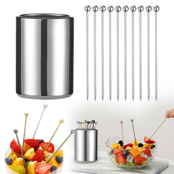 Safeglitz Metal Picks 10Pack+Holder Kit - 304 Stainless Reusable Skewers Set for Sandwiches BBQ Snacks, 4.3-Inch Threaded Design Secure Food Gripping, Sleek Storage Box Organized, for Home Bartenders