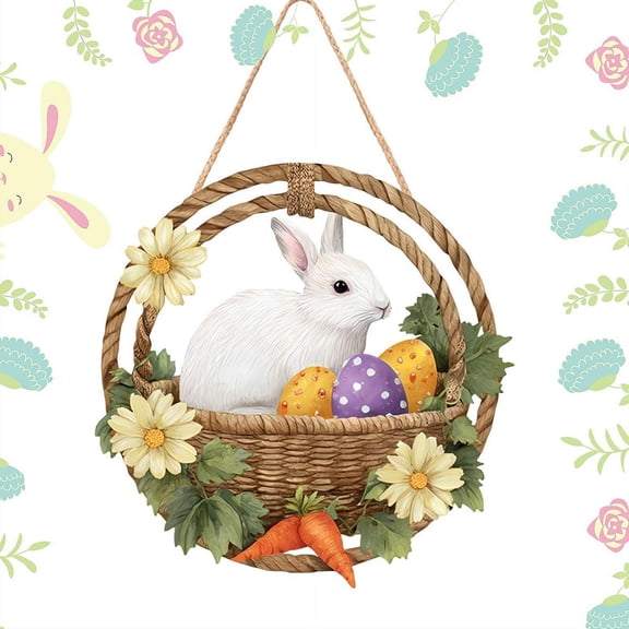 Safeglitz Wooden Bunny Easter Wreath Front Door Sign - Spring Holiday Home & Fireplace Wall Hanging Decoration, Easter Door Sign Decor