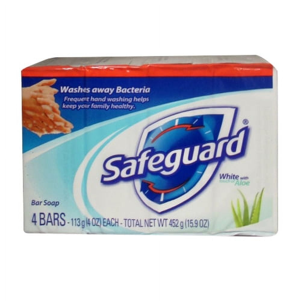 Safeguard Antibacterial Deodorant Bar Soap, White with Aloe, 4 oz, 4 Ct