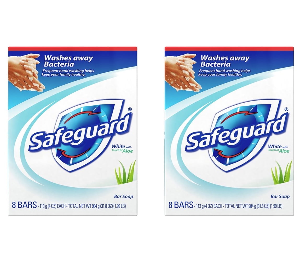 Safeguard Antibacterial Soap, White with Aloe, 4 oz bars, 8 Count (Pack of 2)
