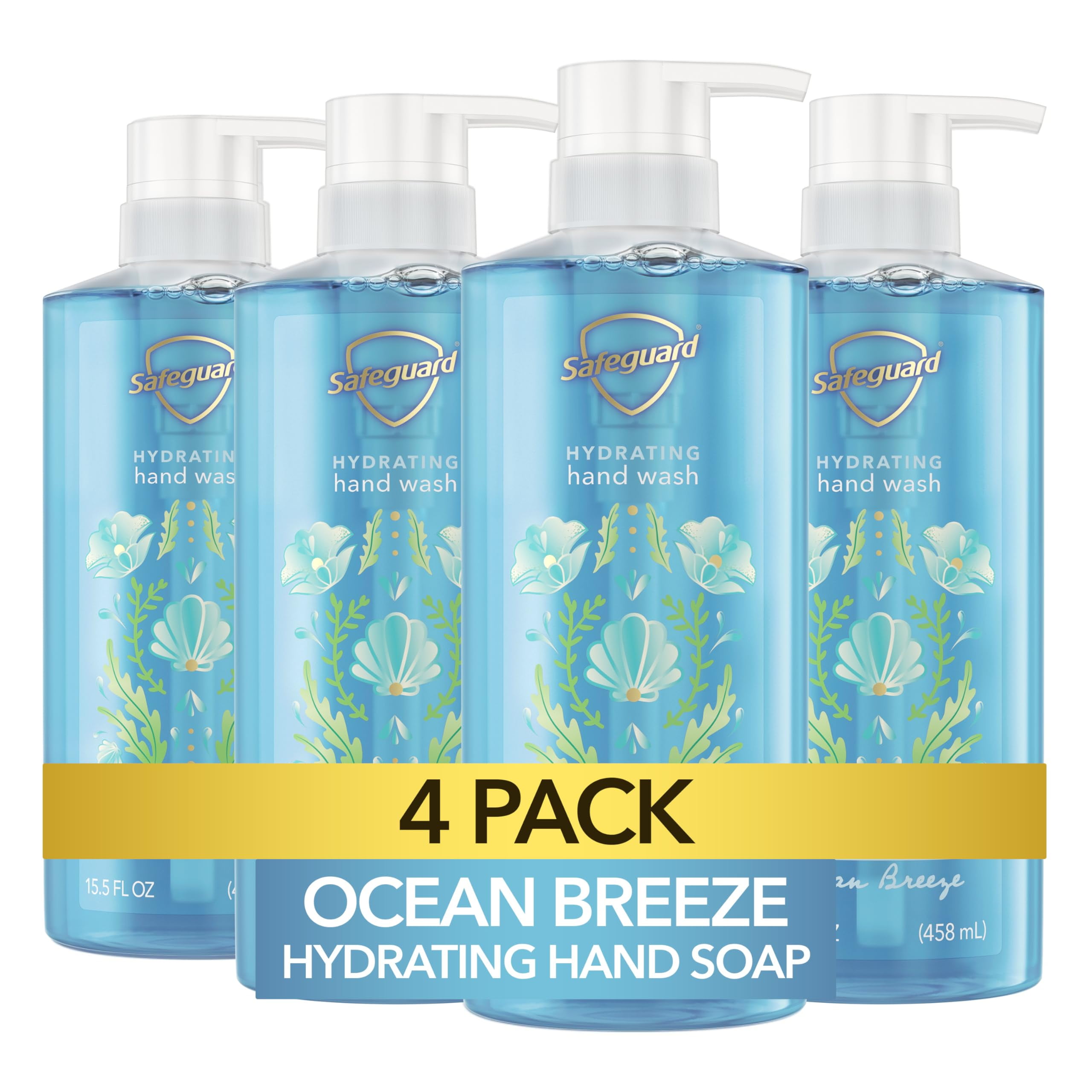 Safeguard Hydrating Liquid Hand DMF15 Soap, Ocean Breeze Scent, Made with Plant Based Cleansers, 15.5 oz (Pack of 4)