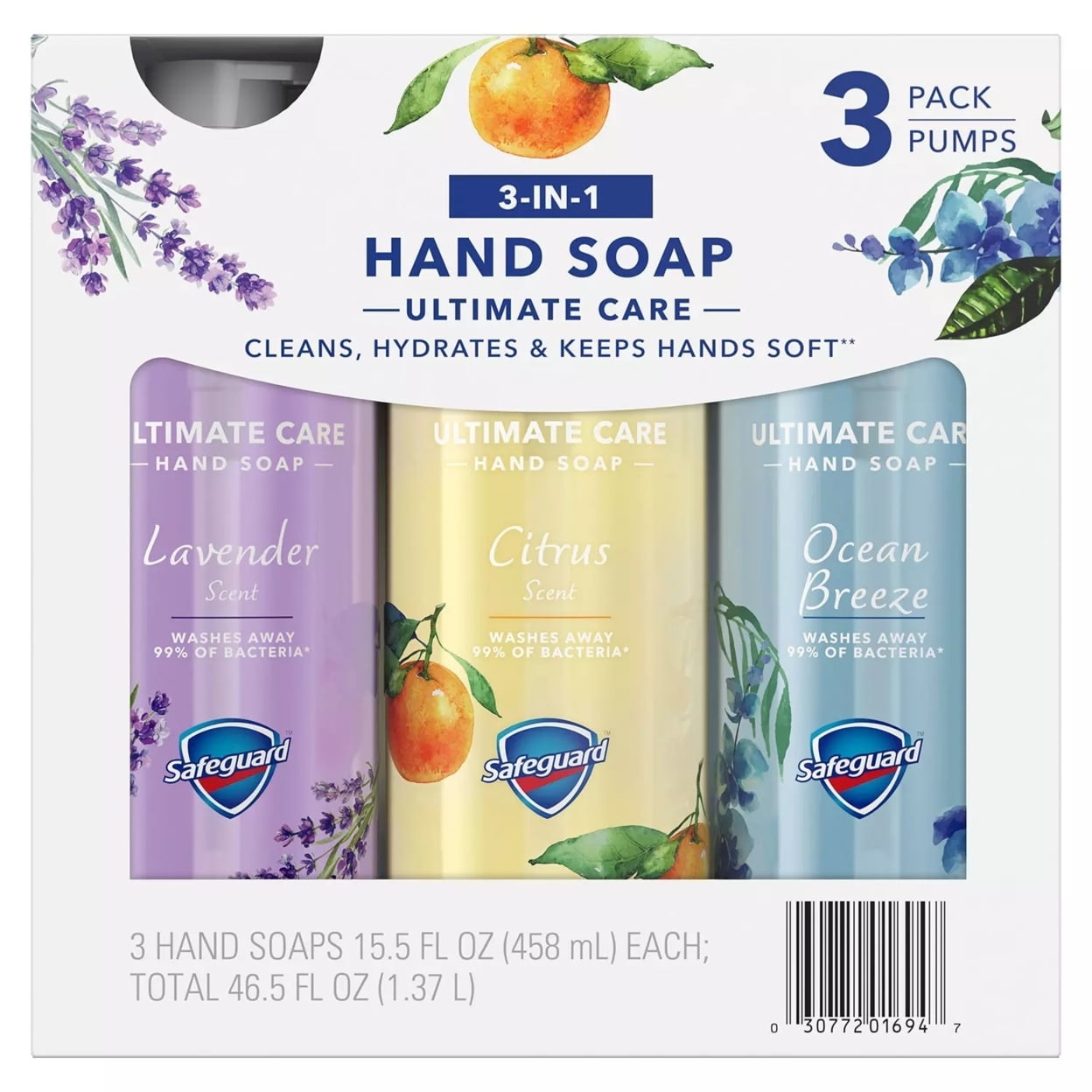 Safeguard Liquid Hand Soap 3-in-1 Ultimate Care Pack, 15.5 Fluid Ounce (3 Pack)