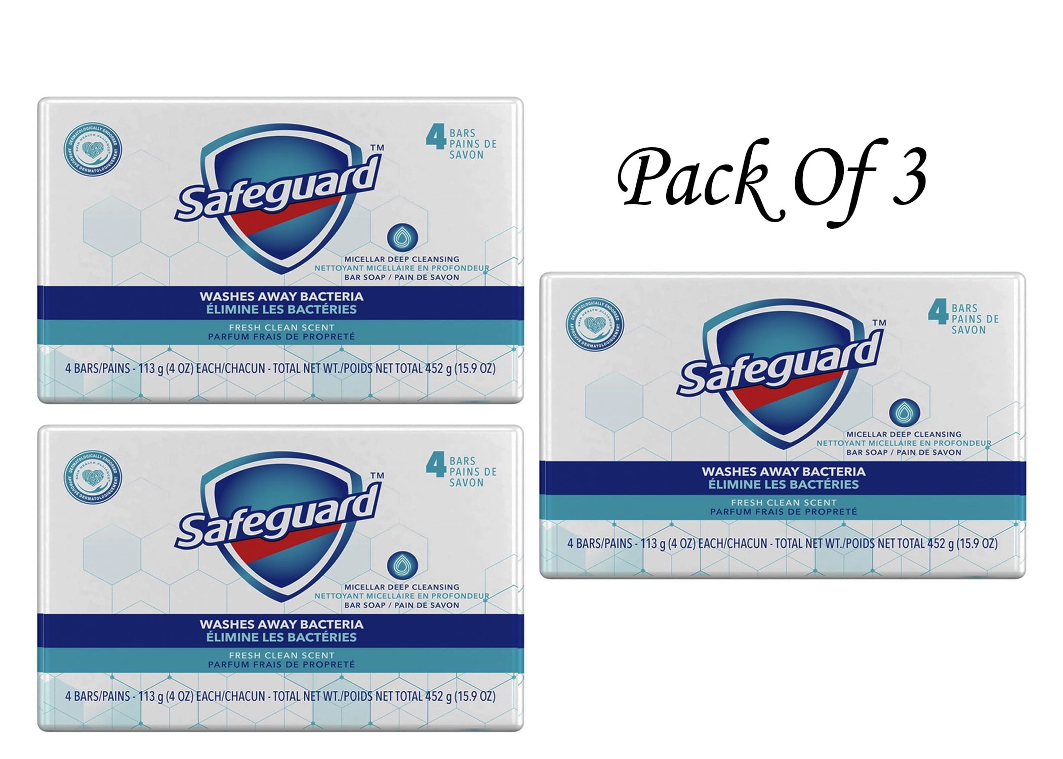 Safeguard Micellar Deep Cleansing Bath Soap, 4 Bars 113 g Each, Fresh Clean Scent (Pack Of 3) Total 12 Count