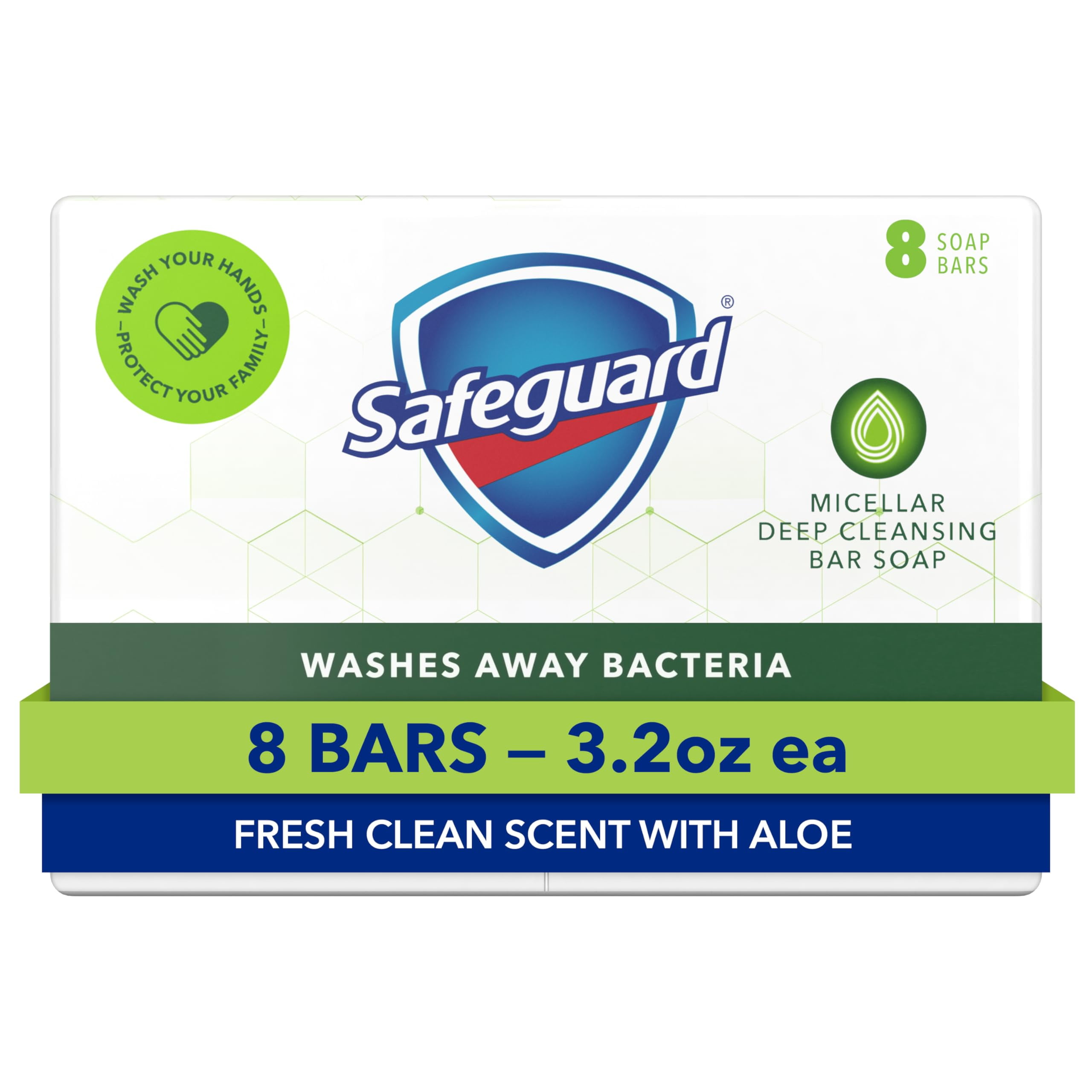 Safeguard Micellar Deep Cleansing DMF15 Bath Bar Soap, Washes Away 99 Percent of Bacteria, Leaves Skin Soft, Fresh Clean Scent with Aloe, 3.2 oz (8 Count)