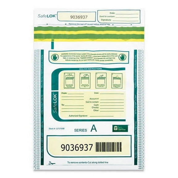 SafeLOK Deposit Bag, 9 x 12, 2 mil Thick, Plastic, White/Gray, 100/Pack
