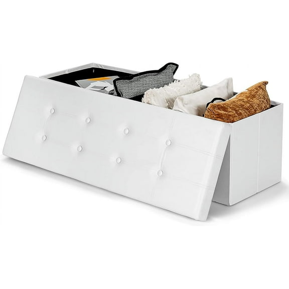 Safeplus Folding Storage Ottoman Bench, 45" Large Ottoman Space-Saving Bench,Faux Leather Storage Chest with Memory Foam,Footrest Padded Stool Seat for Bedroom Toy Chest, White,Leather