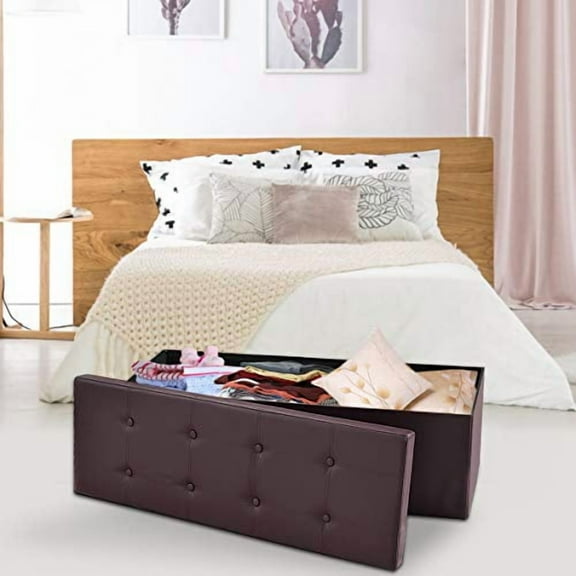 Safeplus Folding Storage Ottoman Bench, 45" Large Ottoman Space-Saving Bench,Faux Leather Storage Chest with Memory Foam,Footrest Padded Stool Seat for Bedroom Toy Chest, Brown,Lea