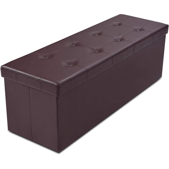 Safeplus Folding Storage Ottoman Bench, 45" Large Ottoman Space-Saving Bench,Faux Leather Storage Chest with Memory Foam,Footrest Padded Stool Seat for Bedroom Toy Chest, Brown,Leather