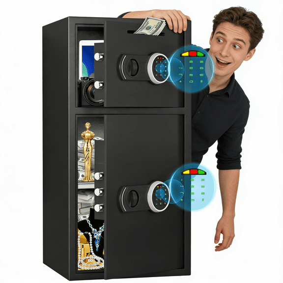 Double Door Depository Safe Box with Drop Slot - Digital Security Cabinet with Dual Keypads, Backlit Keypad, Alarm & Adjustable Shelf for Home, Office, Business - Heavy Duty Alloy Steel