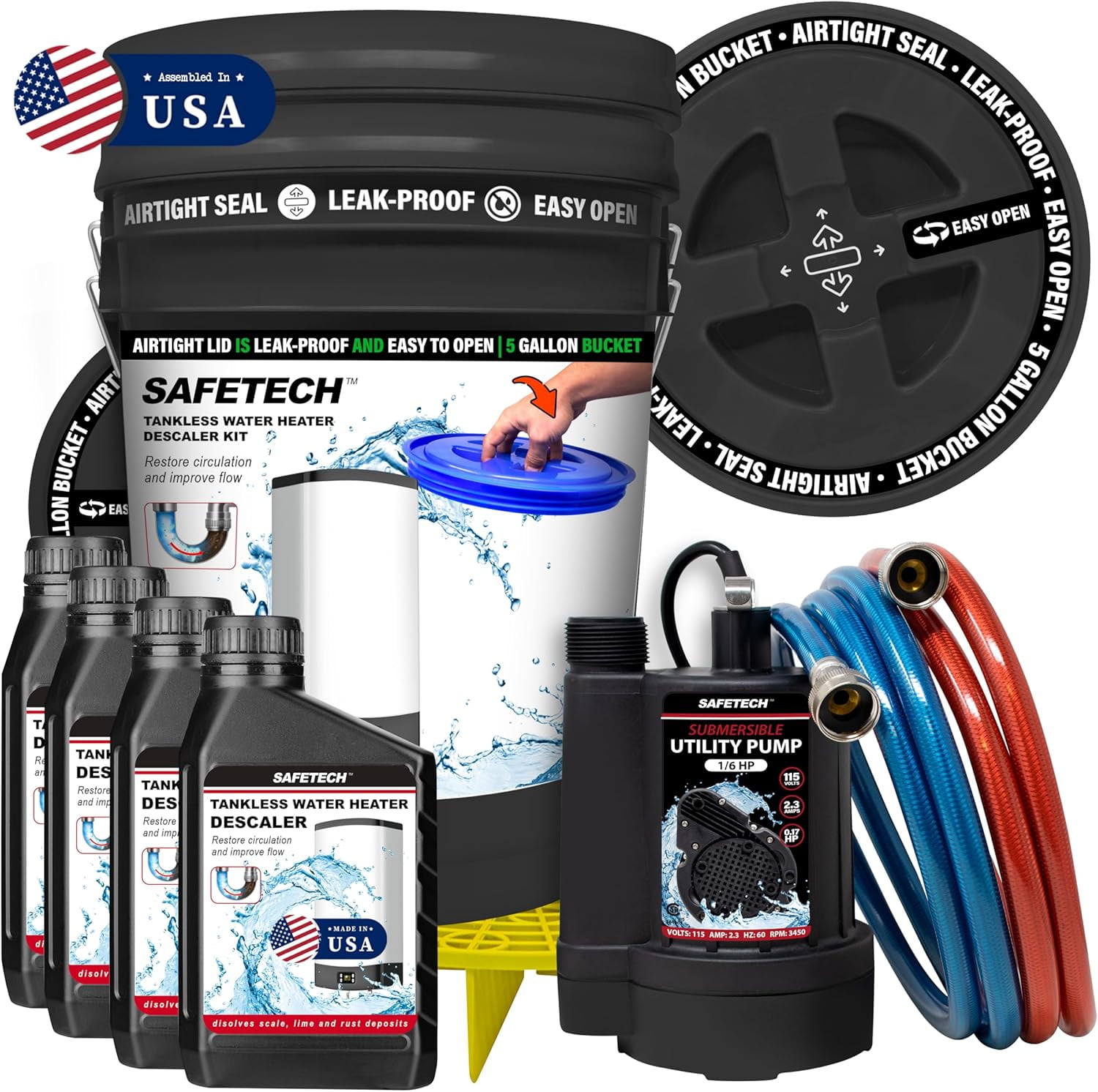 Safetech Tankless Water Heater Flushing Kit with 5-Gallon Screw-Top Lid, Premium Braided Hoses, 1/6 HP Utility Pump, 4 Quarts Descaler