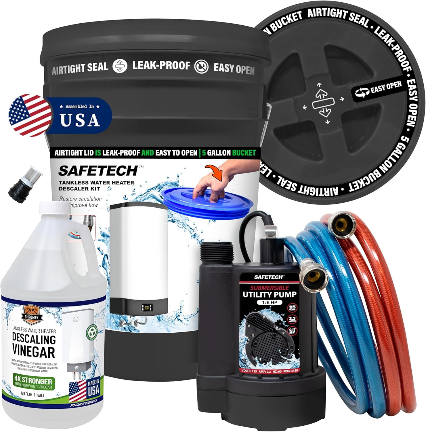 Safetech Tankless Water Heater Flushing Kit with 5-Gallon Screw-Top Lid, Premium Braided Hoses, 1/6 HP Pump, and Concentrated Vinegar