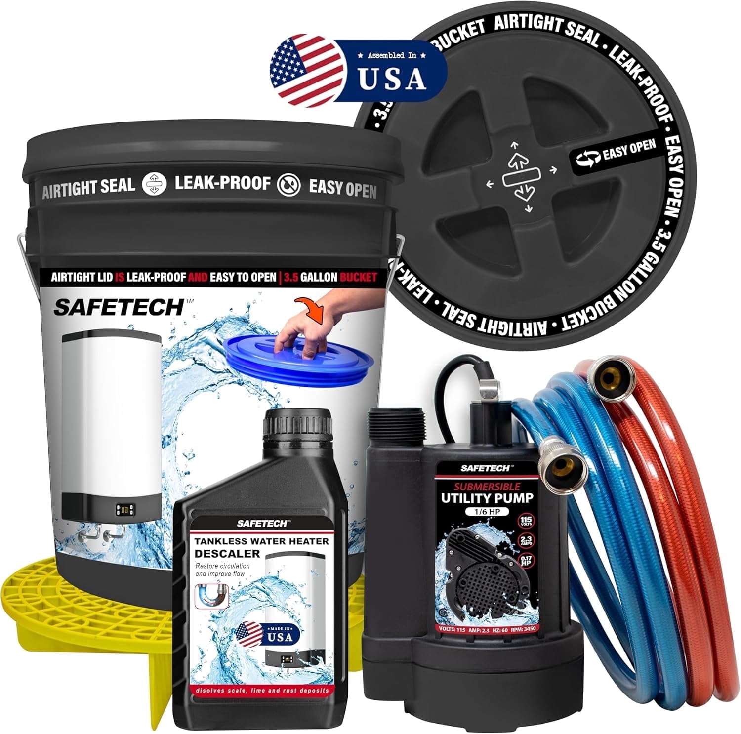 Safetech Tankless Water Heater Flushing Kit, 1/6 HP Utility Pump with Screw-Top Lid Bucket, Premium Braided Hoses & Quart Descaler Solution