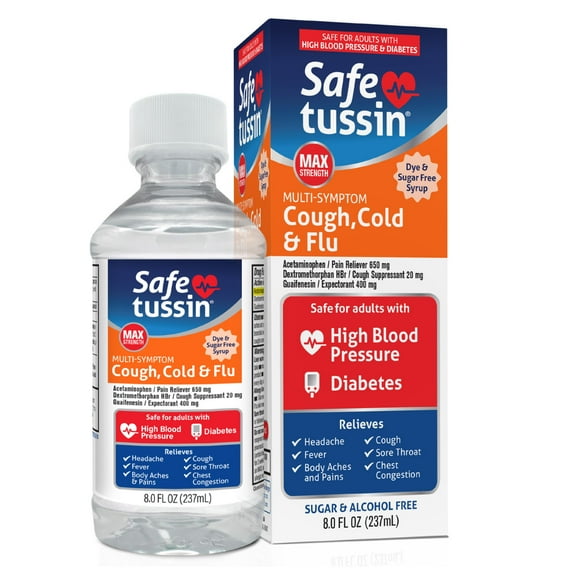 Safetussin Maximum Strength Multi-Symptom Cough Cold and Flu Relief Liquid 8 oz