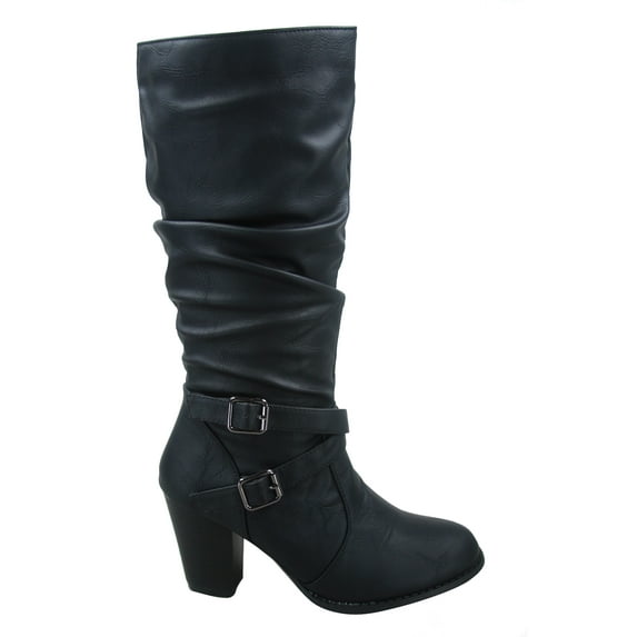 Safety-52 Women's Buckle Side Zipper Chunky Heel Mid Calf K Boots Shoes ( Black, 5.5)