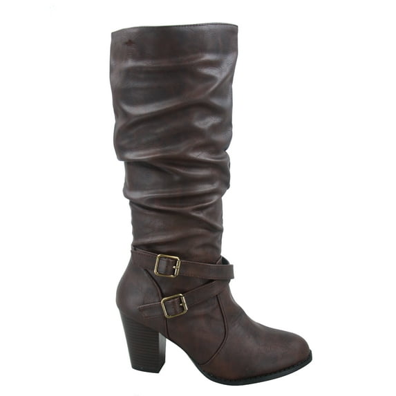 Safety-52 Women's Buckle Side Zipper Chunky Heel Mid Calf K Boots Shoes ( Brown, 6.5)