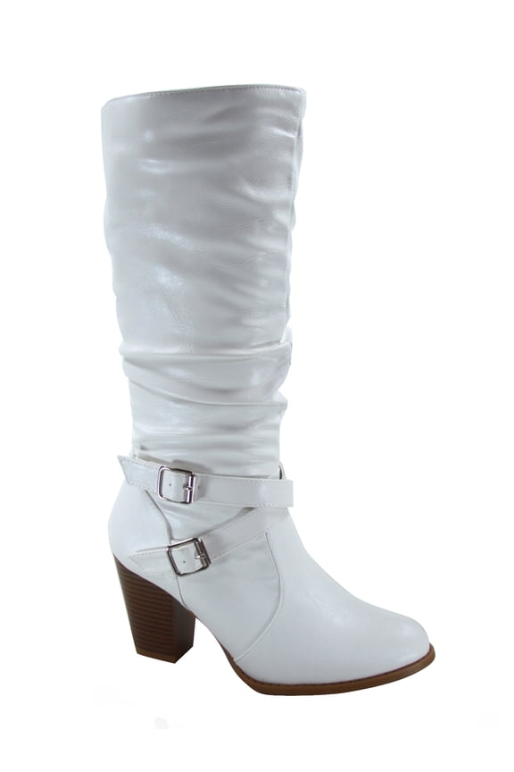Safety-52 Women's Buckle Side Zipper Chunky Heel Mid Calf K Boots Shoes ( White, 7.5)